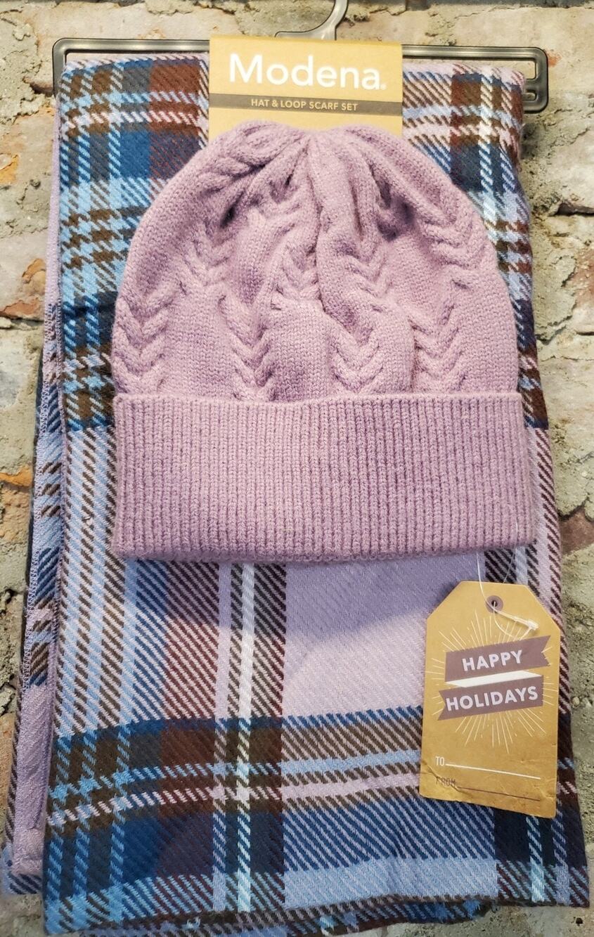Modena Womens Hat Beanie Loop Scarf Set Lavender Plaid Cable Knit NWT